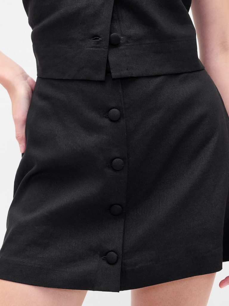 Linen-Blend Button-Front Mini Skort