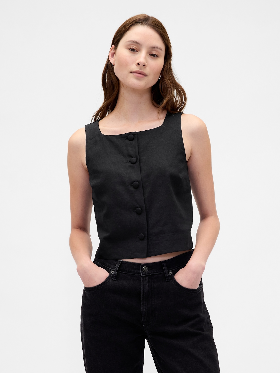 Linen-Blend Button-Front Shell Top