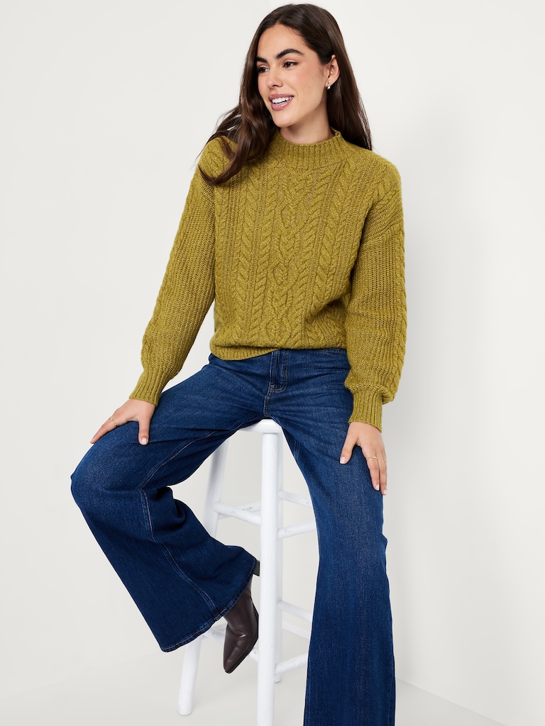 SoSoft Cropped Mock-Neck Cable Sweater