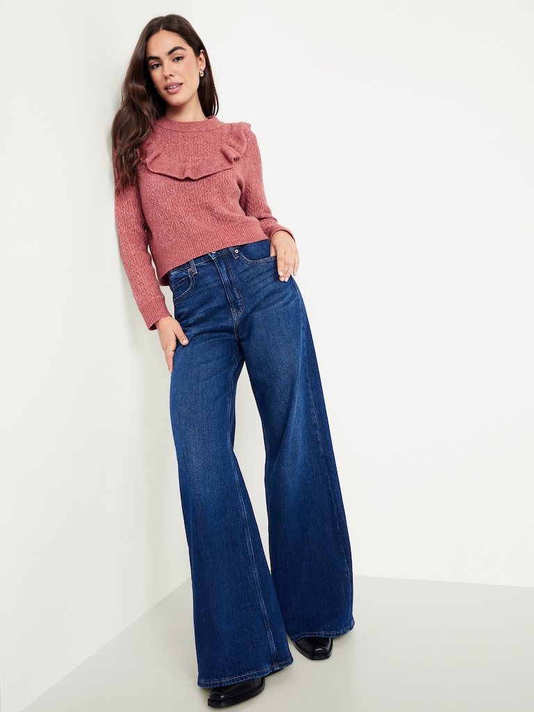 Wool-Blend Cropped Ruffle Sweater