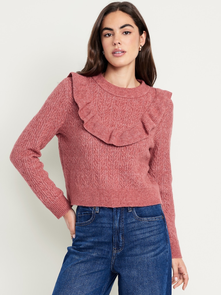 Wool-Blend Cropped Ruffle Sweater