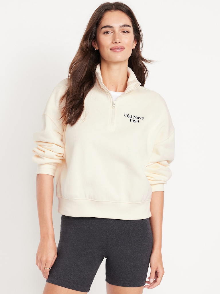 Oversized Logo-Graphic Cropped Half-Zip Pullover