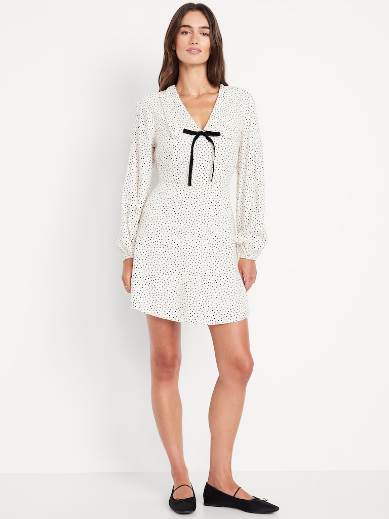 Fit & Flare Long-Sleeve Crepe Mini Dress