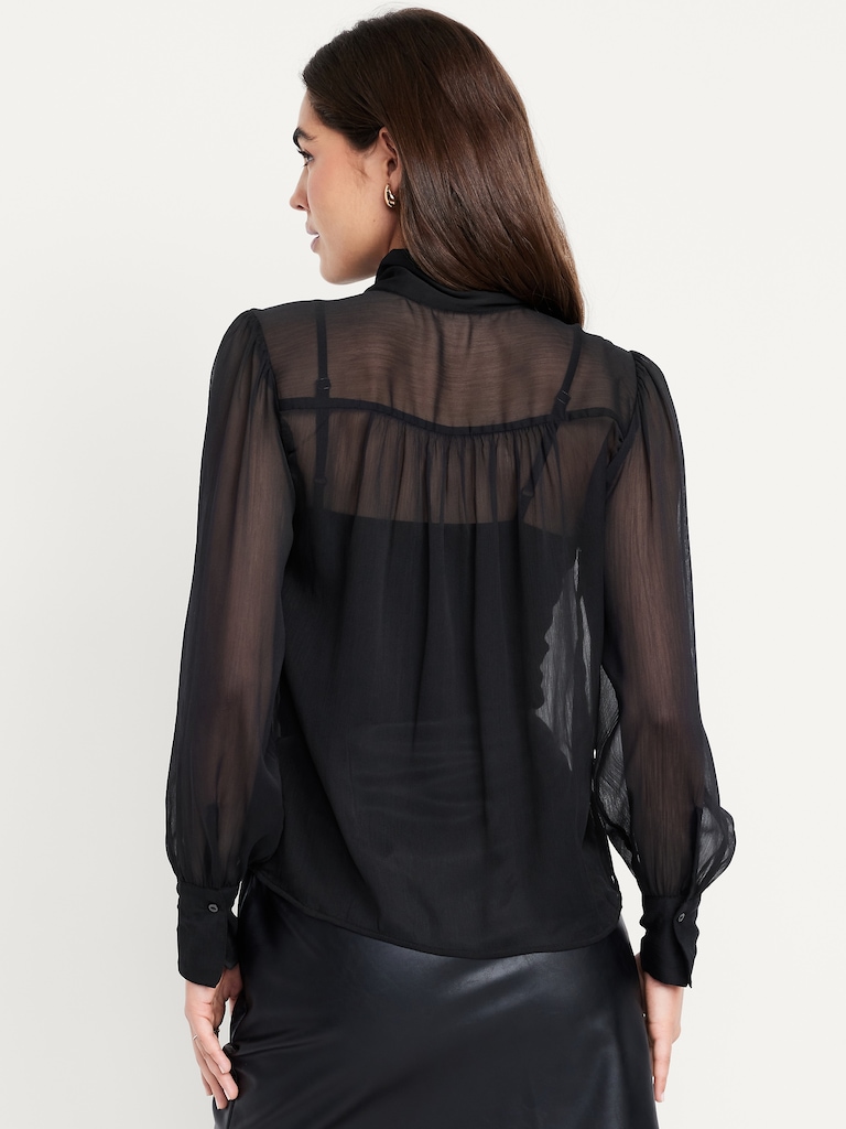 Long-Sleeve Tie-Neck Chiffon Top