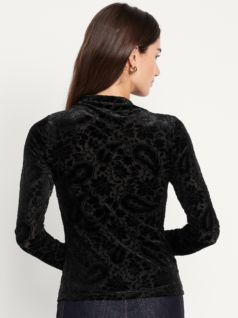 Mock-Neck Long-Sleeve Velvet Top