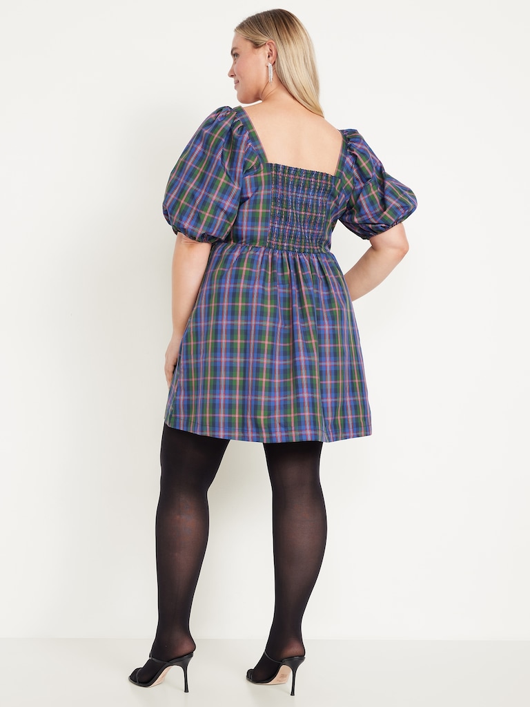 Puff-Sleeve Plaid Fit & Flare Taffeta Mini Dress
