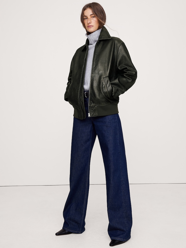 Oversized Distressed Leather Bomber Jacket