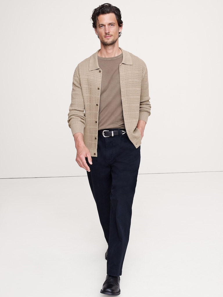 Plaid Texture Cotton Polo Cardigan