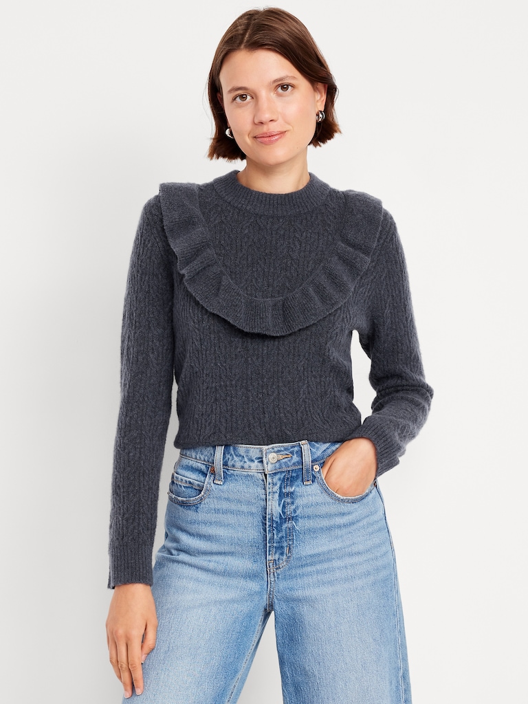 Wool-Blend Cropped Ruffle Sweater