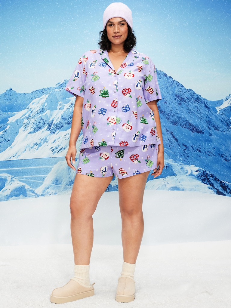Printed Flannel Pajama Short Set for Women