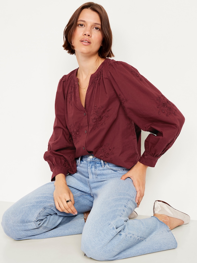 Button-Down Embroidered Top