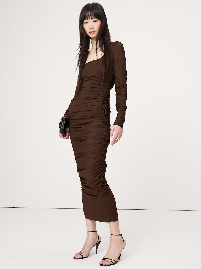 Stretch-Crepe Ruched Midi Dress