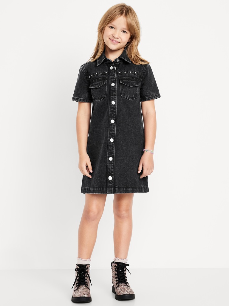 Studded Pocket Jean Shirt Dress for Girls