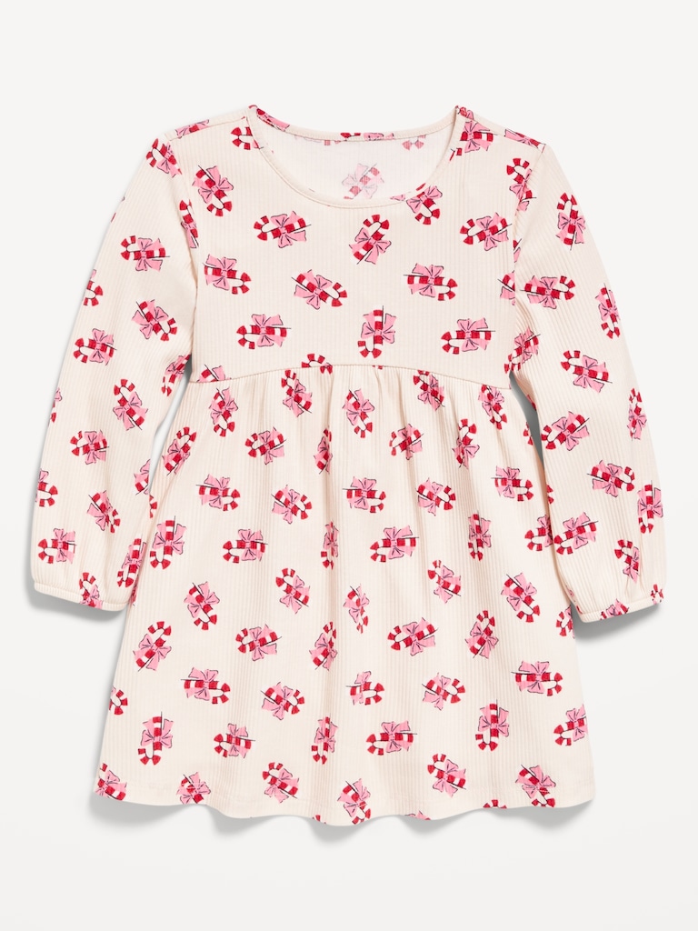 Printed Long-Sleeve Ribbed Dress for Toddler Girls