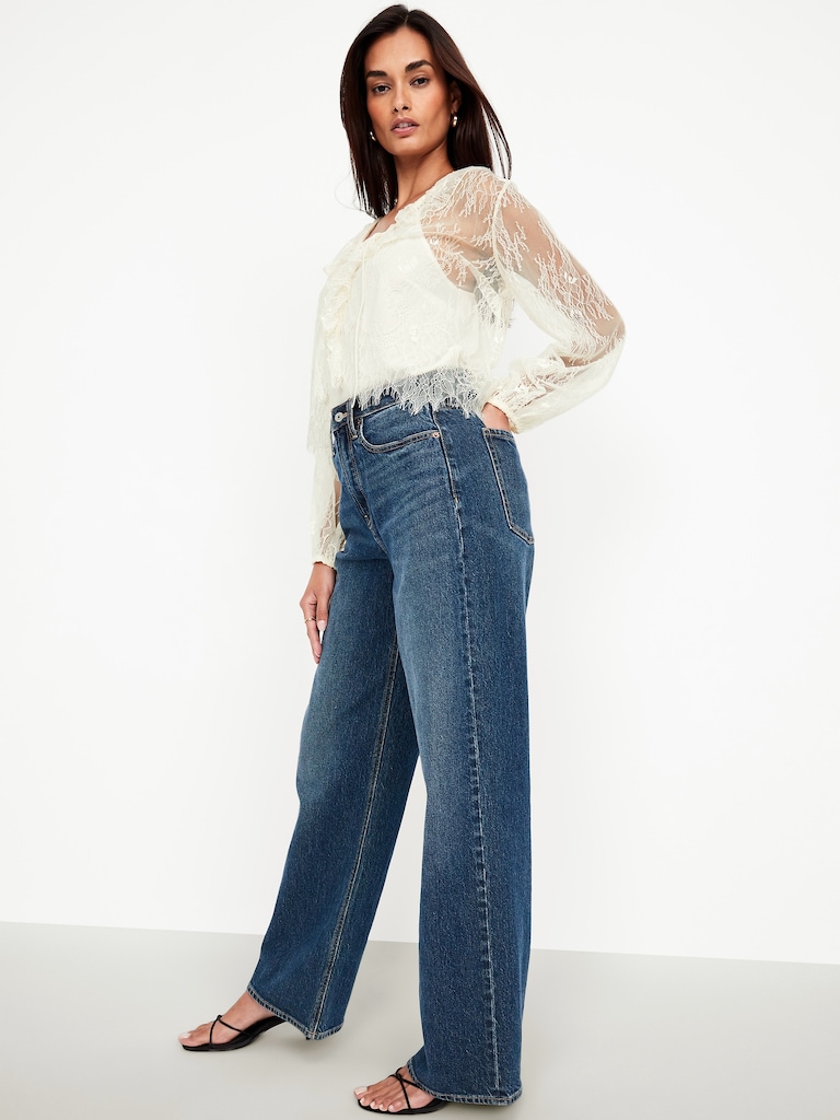 Long-Sleeve Lace V-Neck Lined Top