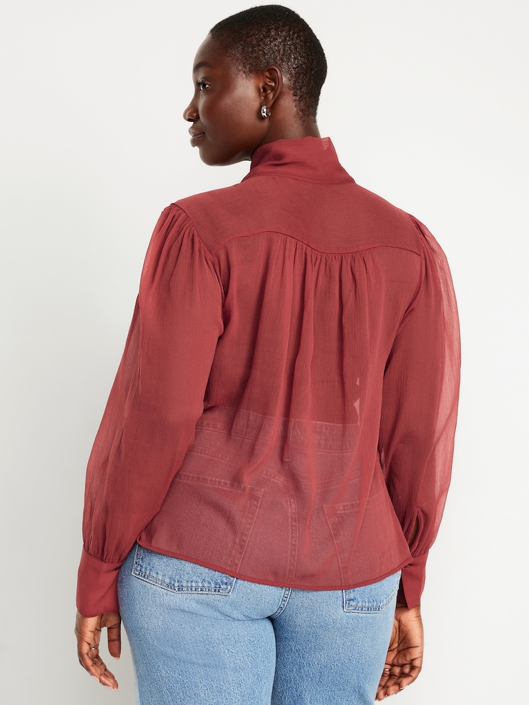 Long-Sleeve Tie-Neck Chiffon Top