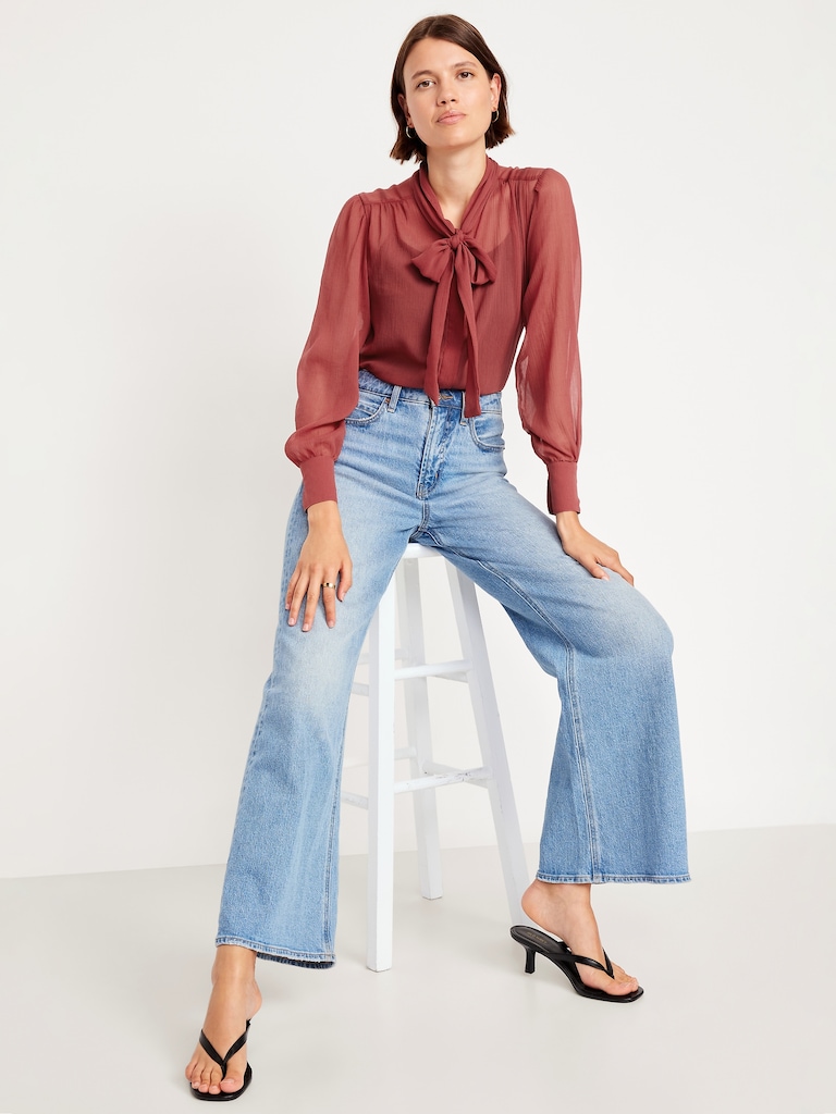 Long-Sleeve Tie-Neck Chiffon Top