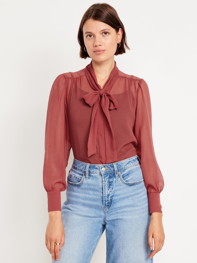 Long-Sleeve Tie-Neck Chiffon Top