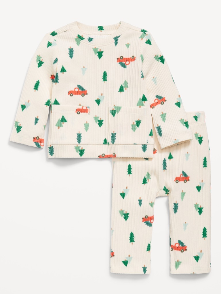 Printed Ribbed Pocket Top and Pants Set for Baby