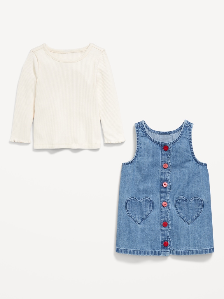 Sleeveless Heart-Pocket Jean Dress and T-Shirt Set for Baby