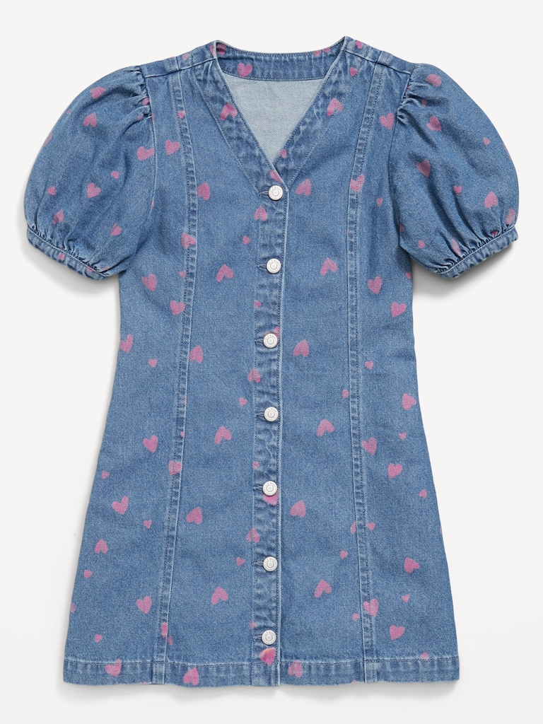 Printed Short-Sleeve Fit and Flare Jean Dress for Girls