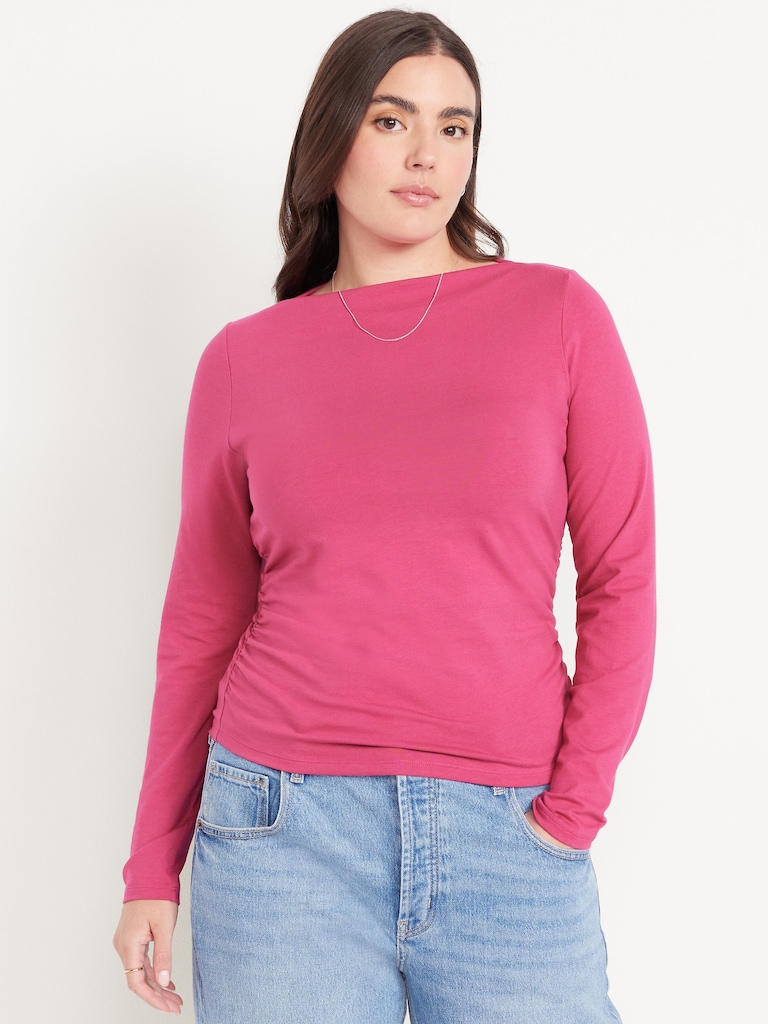 Long-Sleeve Slit-Neck Ruched Top