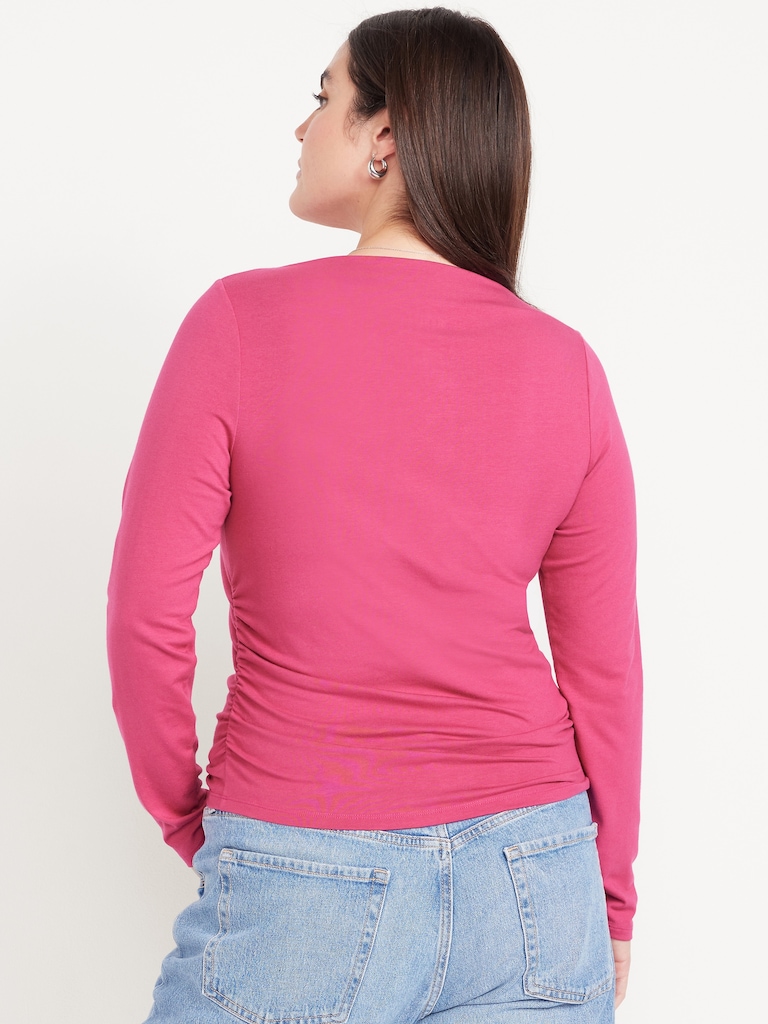 Long-Sleeve Slit-Neck Ruched Top