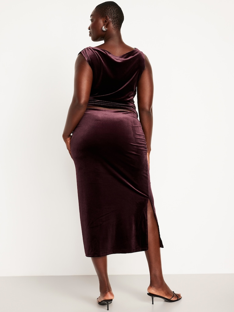 High-Waisted Ruched Velvet Midi Skirt