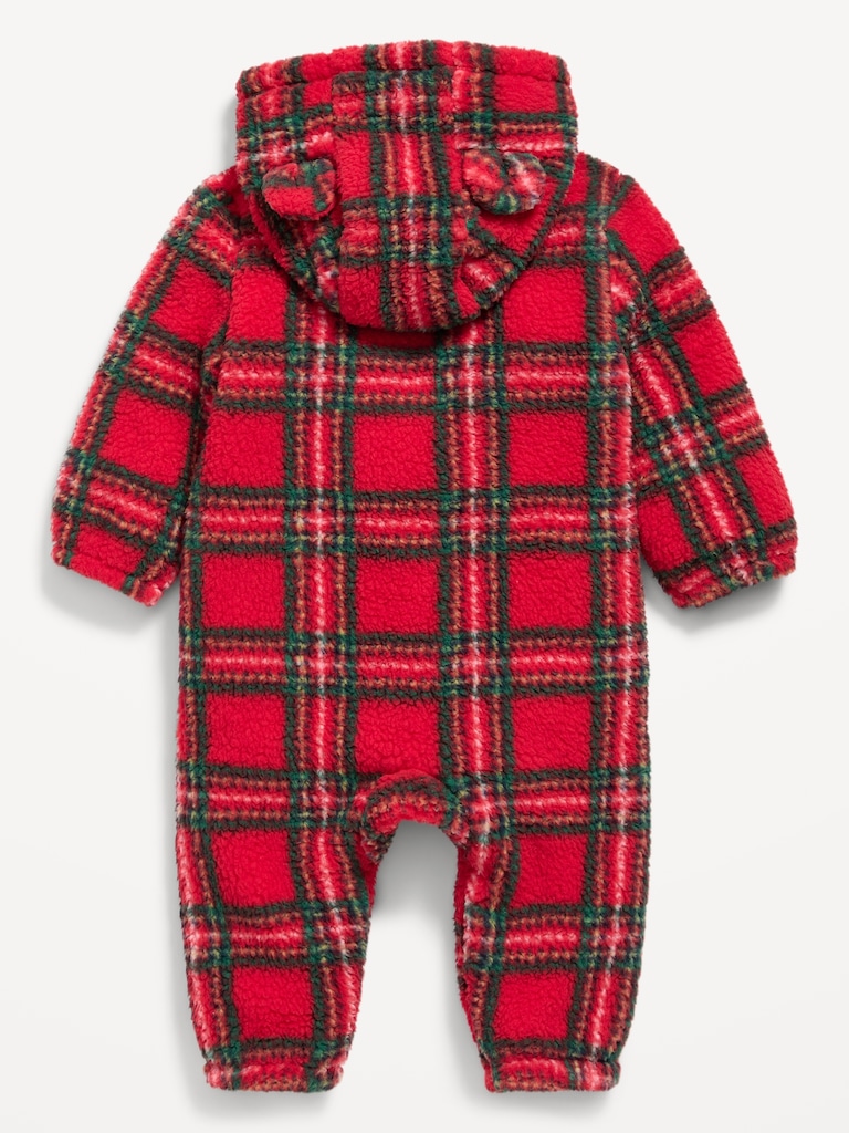 Hooded Plaid Critter Sherpa One-Piece for Baby