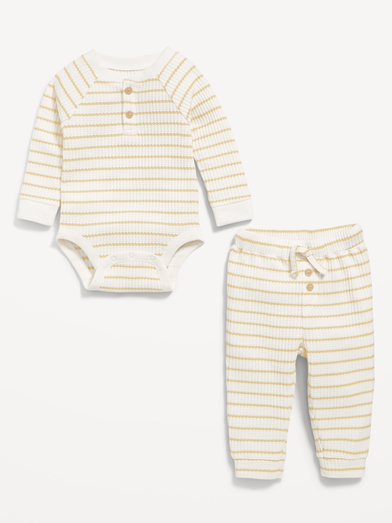 Long-Sleeve Thermal-Knit Henley Bodysuit and Pants Set for Baby