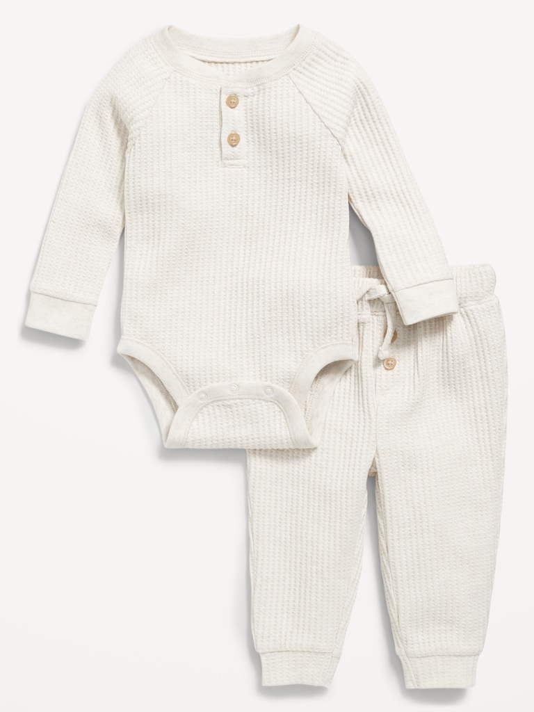 Long-Sleeve Thermal-Knit Henley Bodysuit and Pants Set for Baby