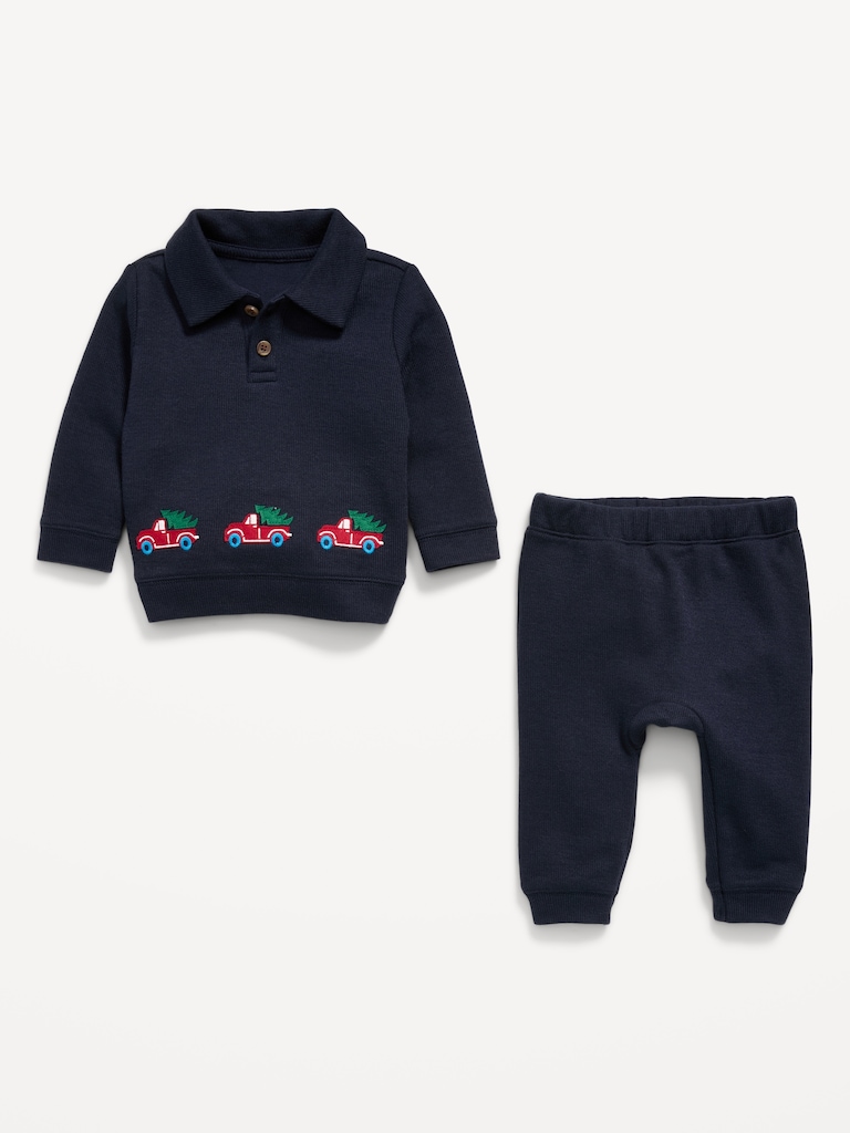 Long-Sleeve Collared Ribbed Top and Pants Set for Baby