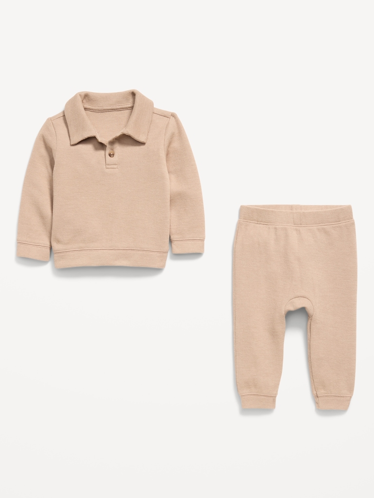 Long-Sleeve Collared Ribbed Top and Pants Set for Baby