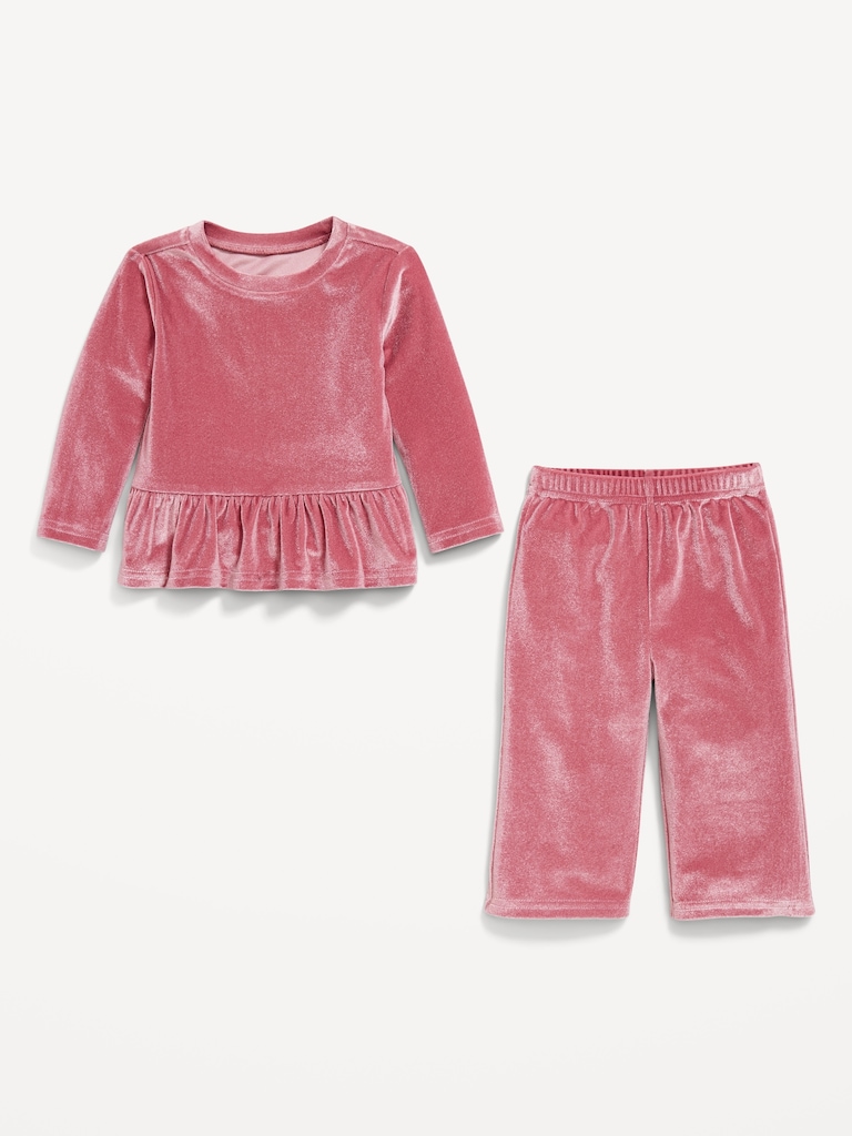 Cozy Velour Peplum Top and Pants Set for Baby