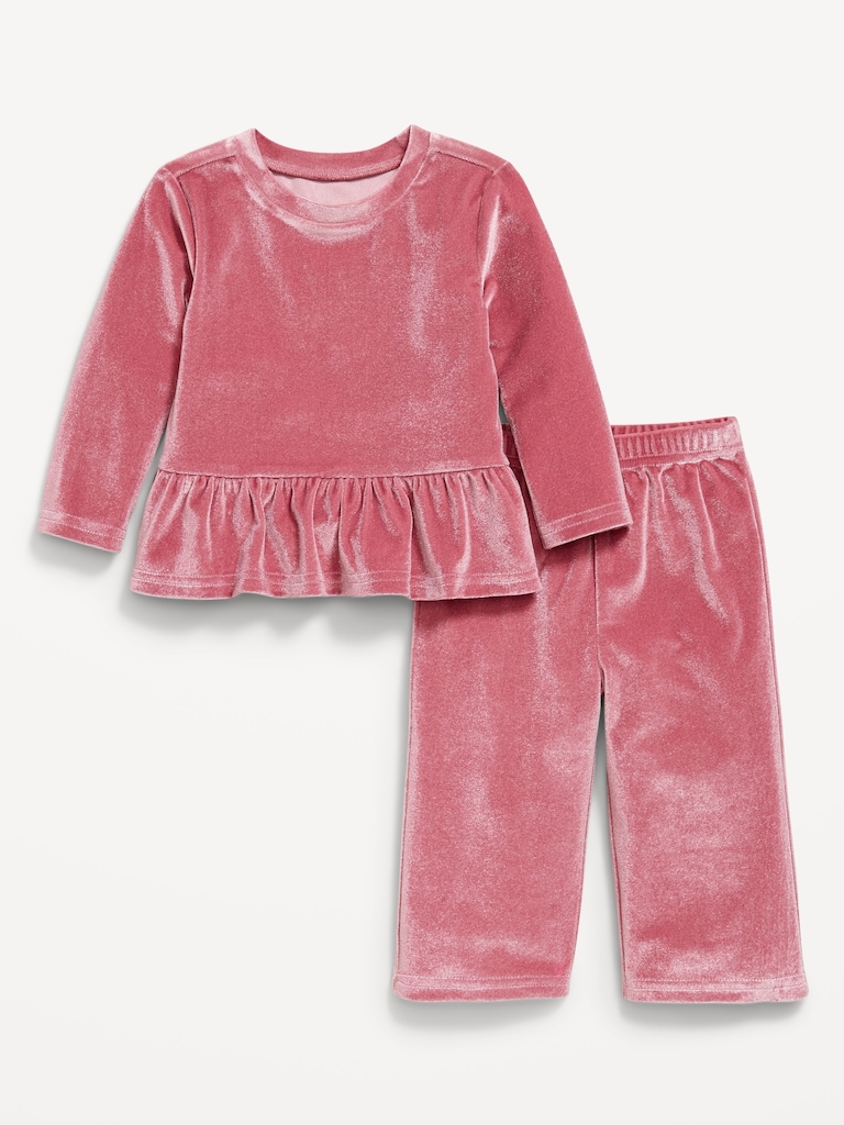 Cozy Velour Peplum Top and Pants Set for Baby
