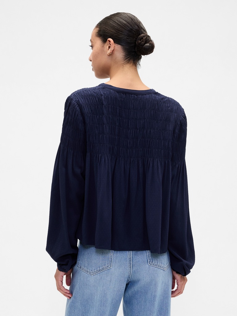 Relaxed Smocked Balloon-Sleeve Top