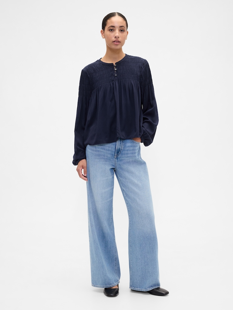 Relaxed Smocked Balloon-Sleeve Top