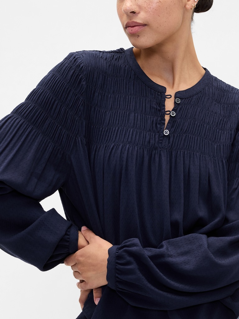 Relaxed Smocked Balloon-Sleeve Top