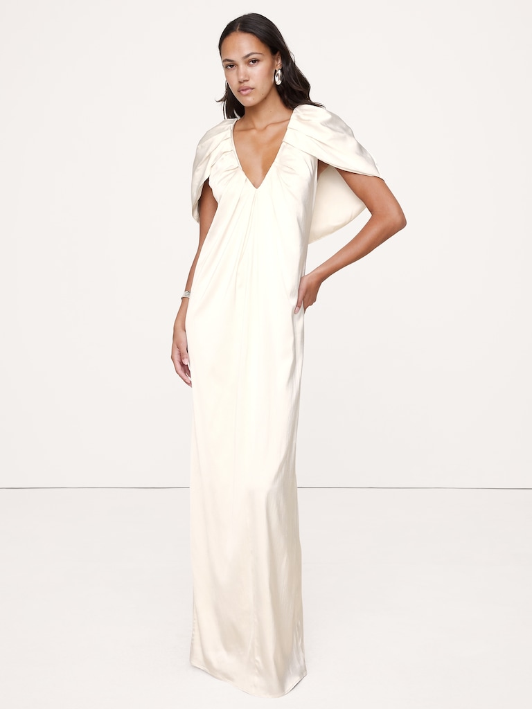 Stretch-Satin Cape Maxi Dress