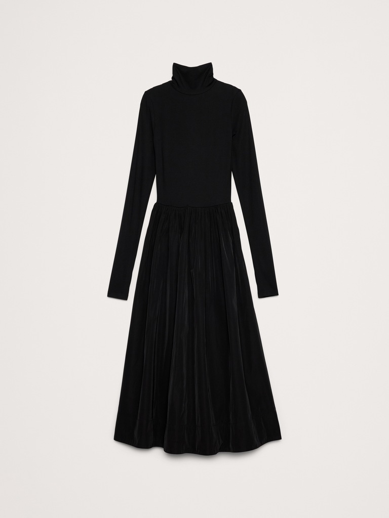Taffeta Combo Turtleneck Maxi Dress