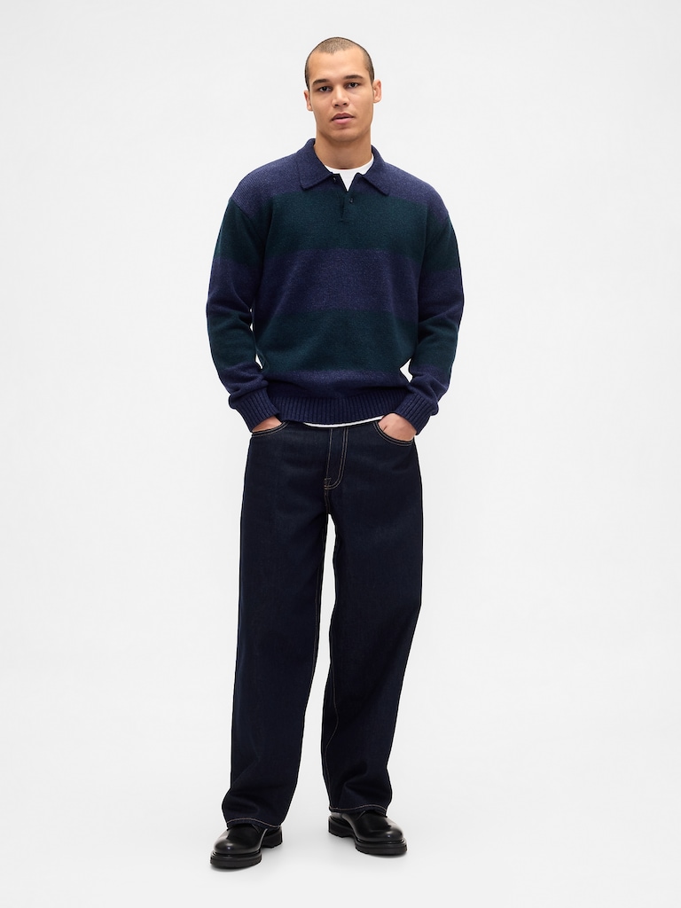 Rugby Stripe Relaxed Polo Sweater