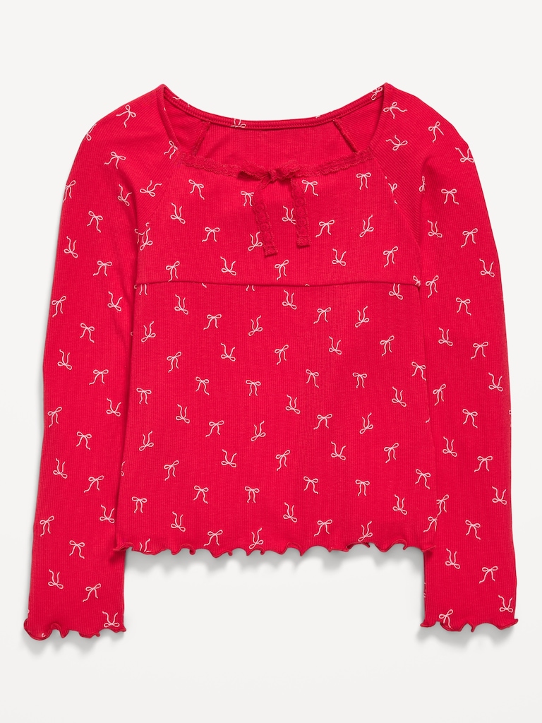 Fitted Long-Sleeve Lace-Tie Ribbed T-Shirt for Girls