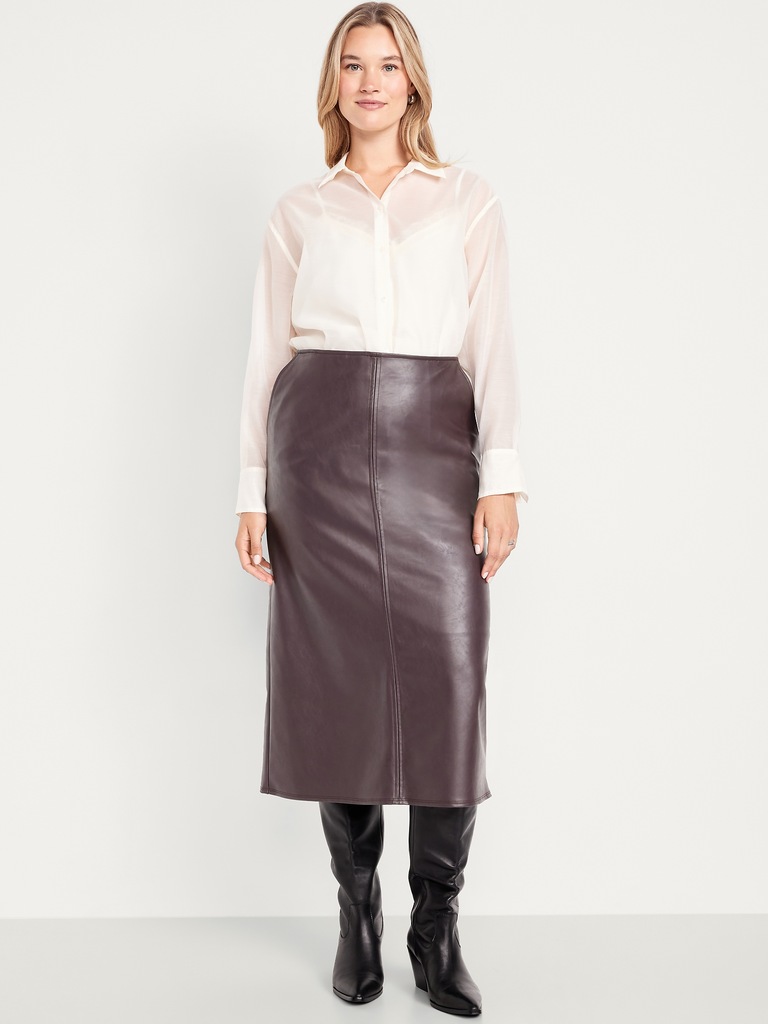 High-Waisted Faux-Leather Midi Skirt