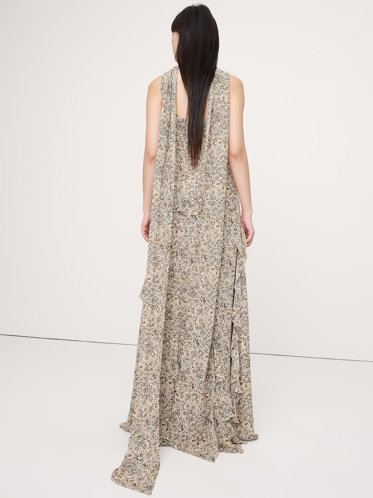 Georgette Ruffle Maxi Dress with Scarf