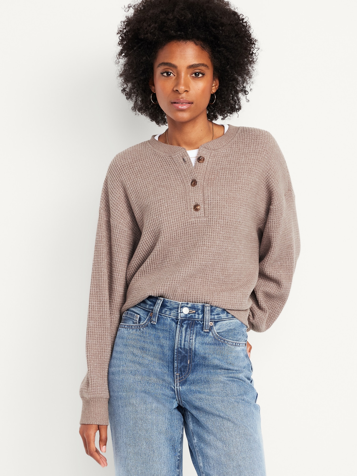 Oversized Cozy Waffle Henley Top | Old Navy