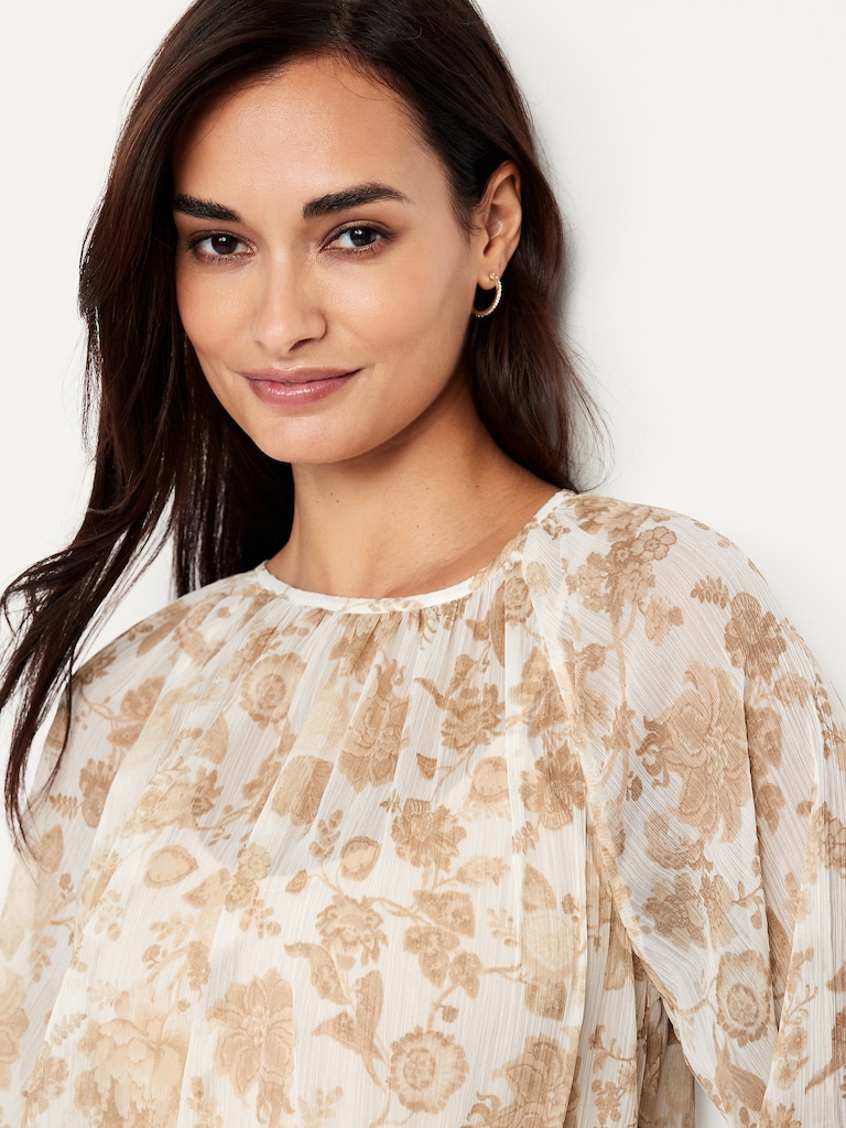 Shirred Chiffon Long-Sleeve Top