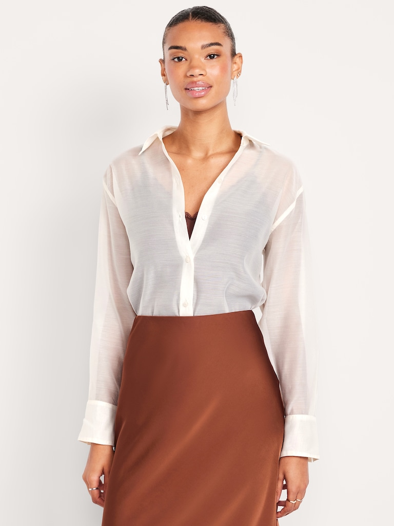 Loose Button-Down Organza Tunic Shirt