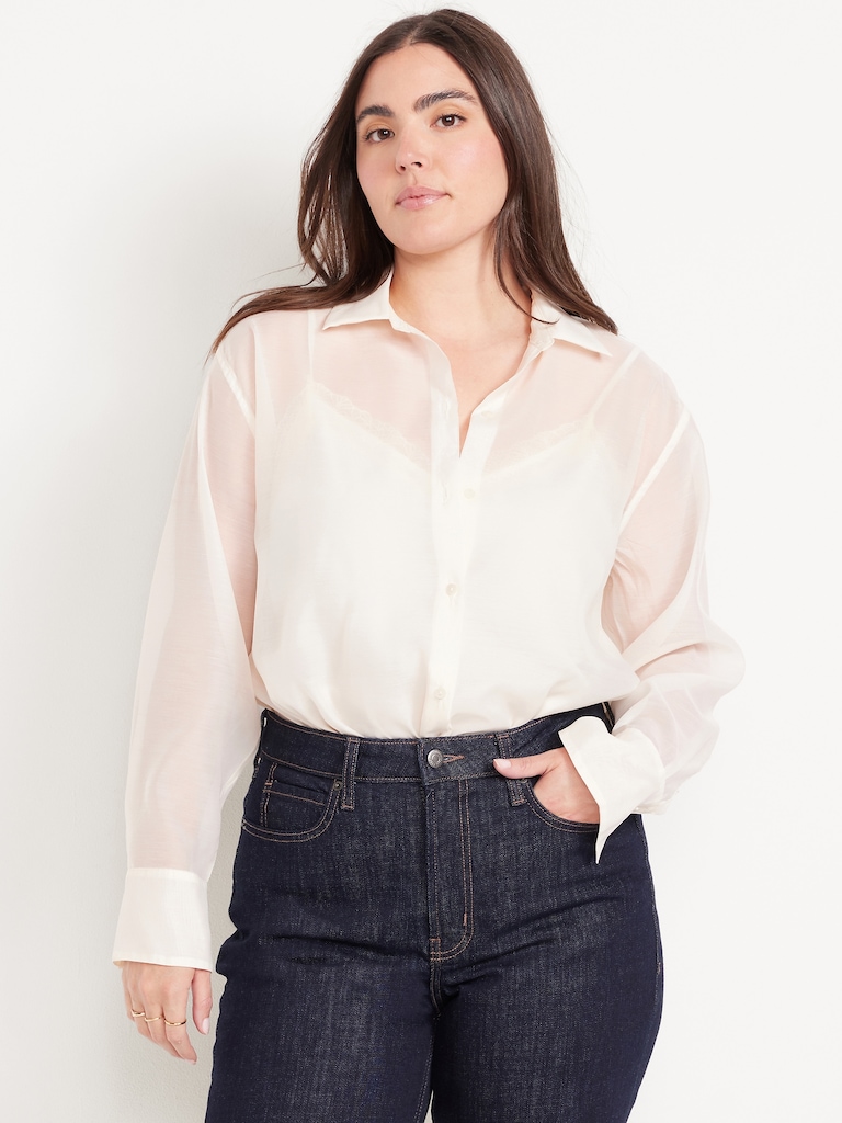 Loose Button-Down Organza Tunic Shirt