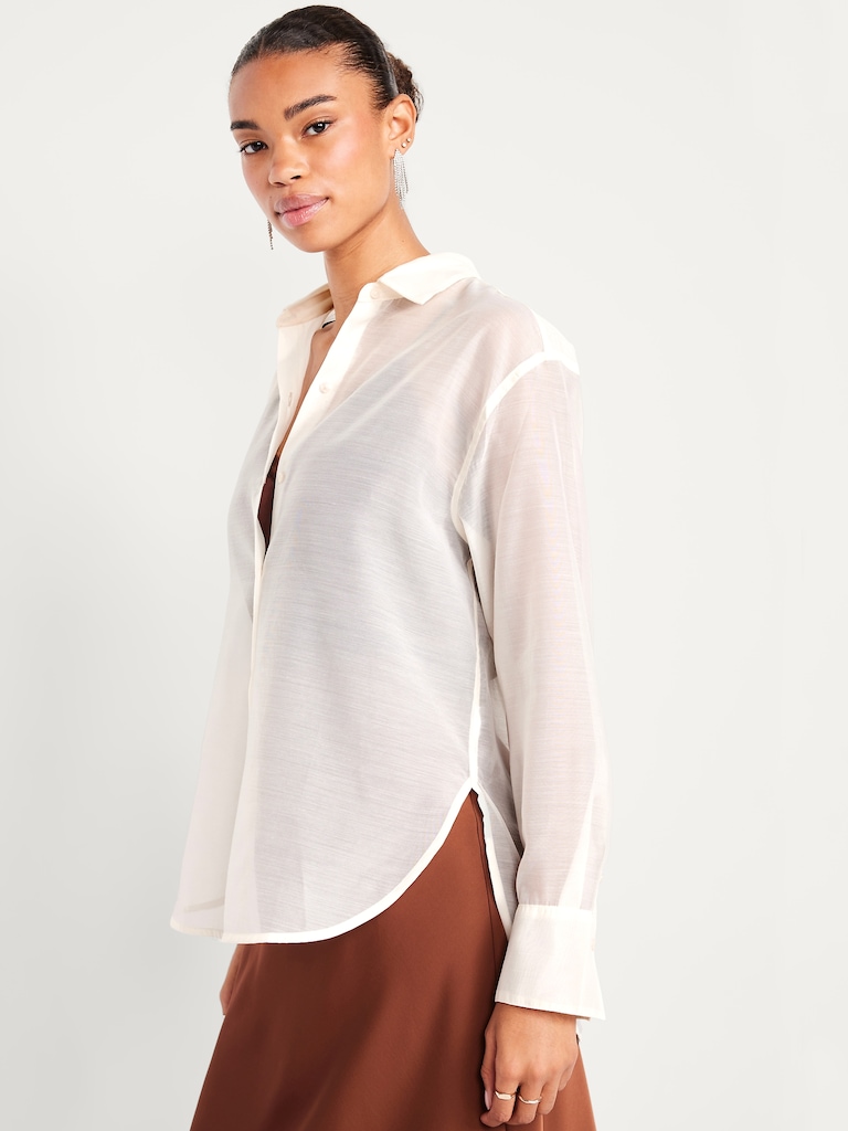 Loose Button-Down Organza Tunic Shirt