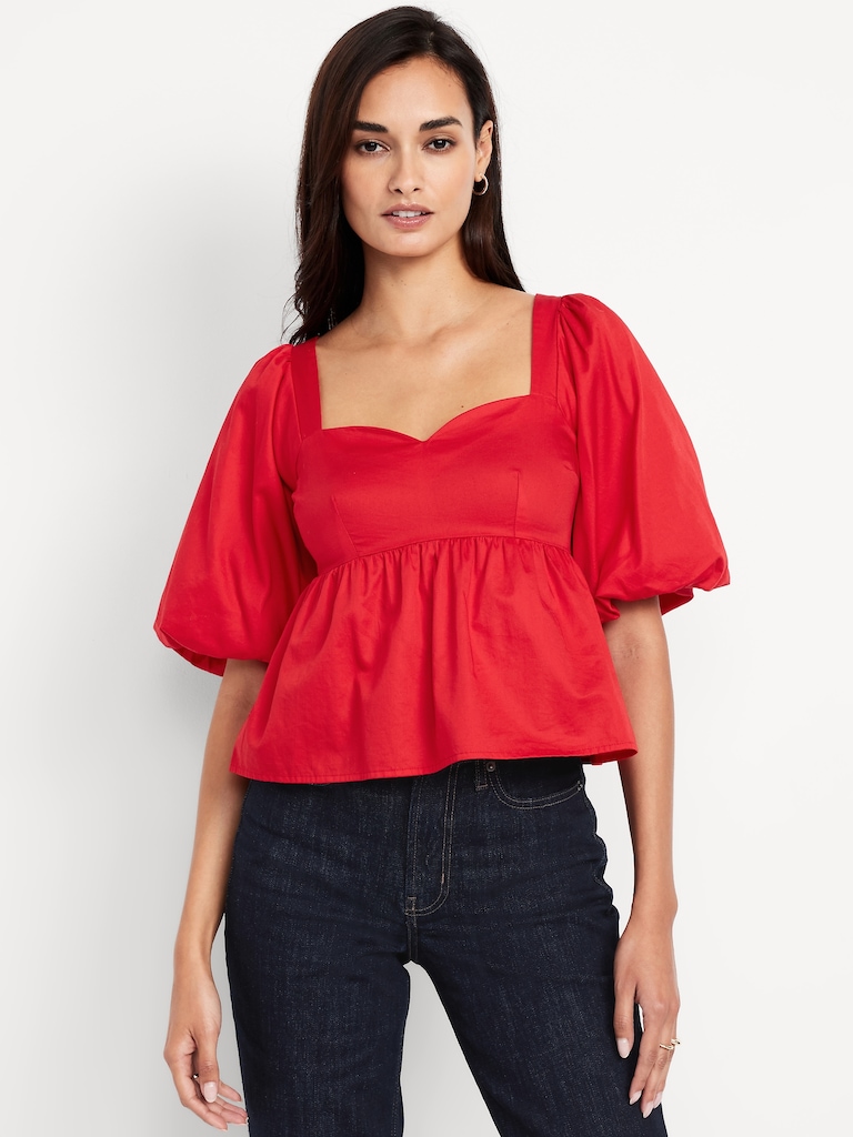 Puff-Sleeve Poplin Peplum Top